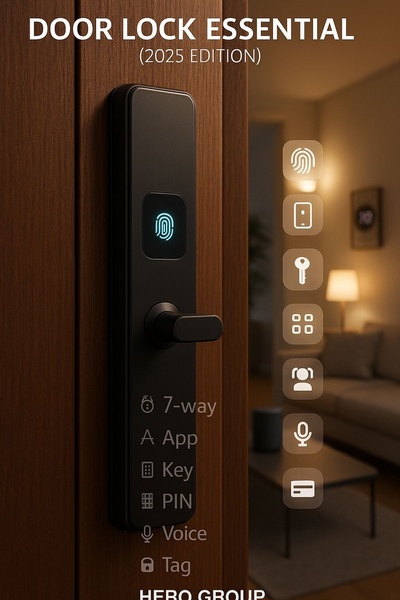 A clean, feature-focused ad highlighting the multiple unlock methods of a smart door lock using intuitive iconography.