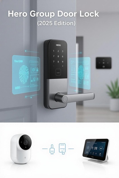 A clean, studio-lit display showing a high-tech smart door lock with digital biometric scanning overlays and related home security components.