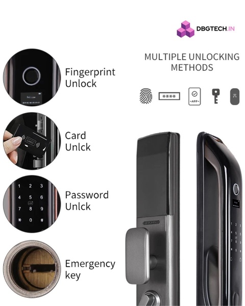 A clear, vertical feature breakdown showing fingerprint, card, password, and emergency key unlocking methods for a modern smart lock.