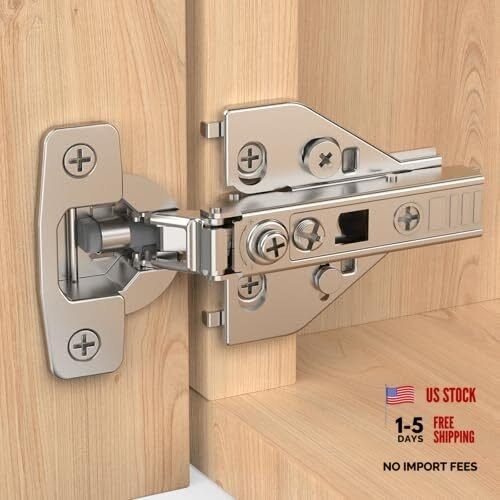 A high-fidelity, studio-lit close-up of a premium cabinet hinge, featuring clear shipping benefits to build immediate consumer trust.