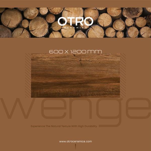 A square-format product hero ad featuring a high-quality close-up of a Wenge ceramic tile against an earthy brown background with natural wood elements.