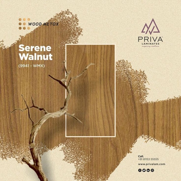A minimalist product hero ad featuring a high-resolution wood laminate sample accented by a natural decorative branch element.