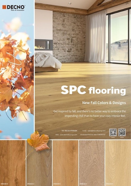 This SPC flooring ad utilizes a clean, split-screen composition contrasting high-quality interior lifestyle photography with a seasonal foliage mood board.