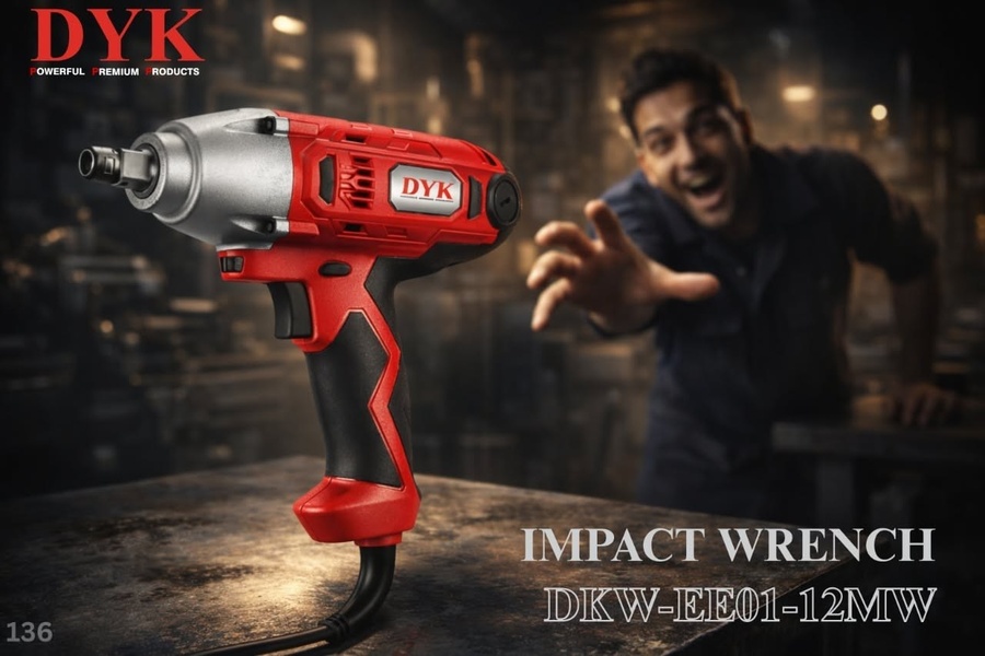 A high-energy, studio-quality photograph featuring a red and black impact wrench reaching toward the camera with a blurred, excited user in the background.