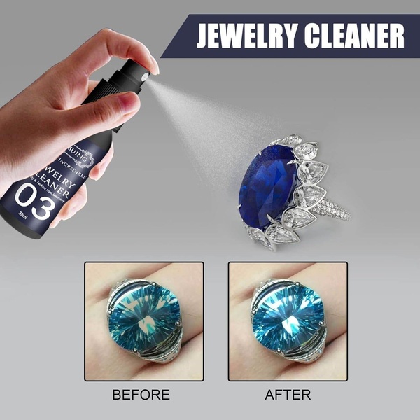 A split-screen demonstration showing the cleaning effectiveness of a jewelry cleaner on a sapphire ring.