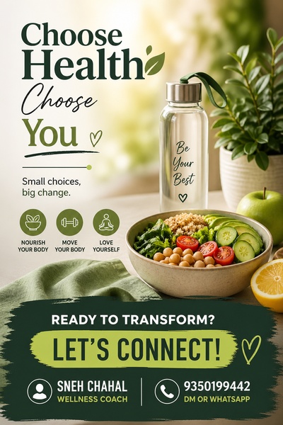 A clean, lifestyle-oriented wellness coaching advertisement featuring a water bottle and healthy meal, focusing on sustainable personal change.