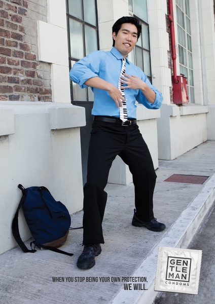 A man in a button-down shirt with a piano-key tie strikes a playful pose, using humor to make a sensitive topic approachable and memorable.