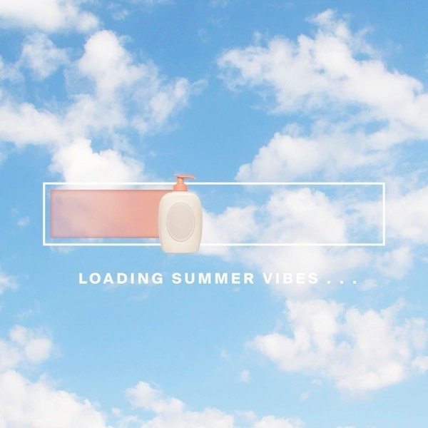 A minimalist, aesthetic graphic showing a skincare product bottle within a digital loading bar against a bright blue sky background.