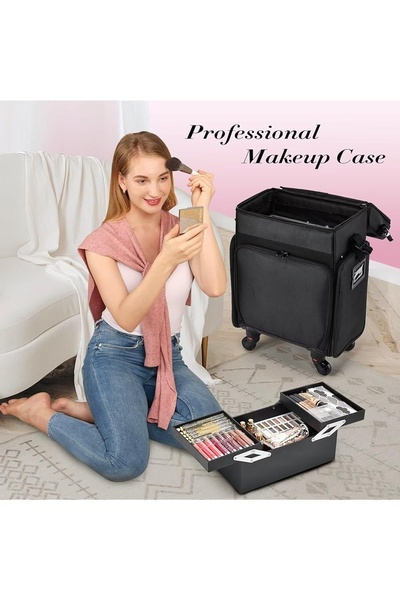 makeup case, rolling makeup bag, cosmetic trolley case, makeup organizer case, professional makeup bag, cosmetic travel case, product launch, brand awareness, lifestyle, trustworthy, warm, black, pink, neutral