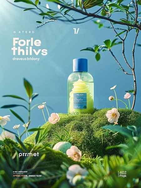 A high-end product shot featuring a skin care bottle placed on moss in a sun-drenched, natural forest setting to evoke freshness.