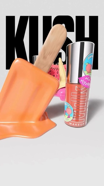 A surreal, high-contrast visual featuring a lip oil tube surrounded by melting orange popsicles and fruit elements, emphasizing a playful and hydrated aesthetic.