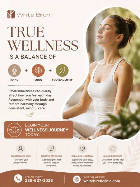 A clean, lifestyle-focused advertisement for a health clinic highlighting the three-pillar approach to holistic patient care.