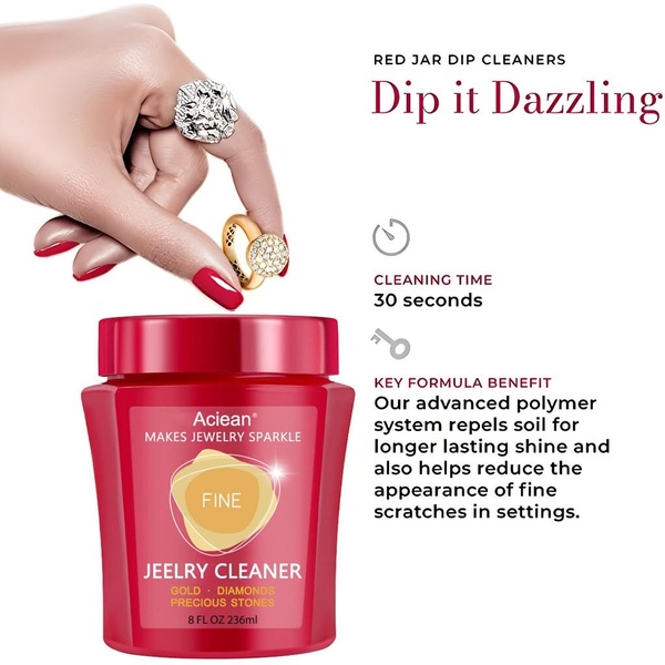 This 1:1 creative highlights the rapid 30-second cleaning benefit and protective polymer features of a jewelry cleaner.