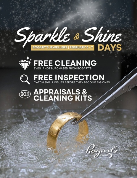 This jewelry ad uses a clear, benefit-oriented list to promote a free maintenance event. The image features a clean macro shot of a ring in a cleaning solution to emphasize the service.