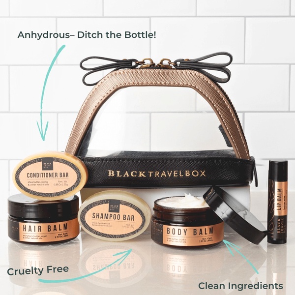 A clean, minimalist product photography shot displaying various solid beauty bars and balms inside a branded transparent travel pouch, accented by educational call-outs.