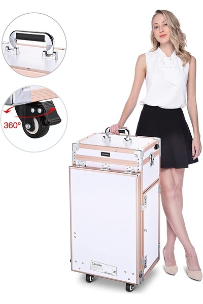 rolling makeup case, makeup trolley case, cosmetic train case, beauty organizer case, makeup storage trolley, professional makeup case, product launch, brand awareness, lifestyle, minimalist, trustworthy, fresh, neutral, pink, black