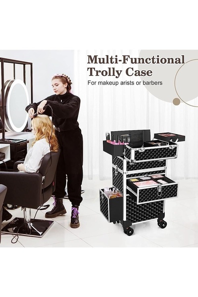 makeup trolley case, rolling cosmetic case, salon trolley, makeup artist case, beauty storage cart, cosmetic organizer trolley, product launch, brand awareness, lifestyle, minimalist, trustworthy, bold, black, neutral, brown