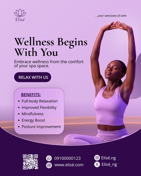 A 4:5 vertical ad featuring a woman in a meditative pose with a soft purple theme, highlighting wellness benefits and clear contact information for a spa.