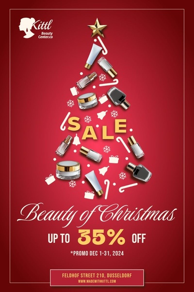 cosmetics, skin care products, beauty products, nail polish, face cream, beauty set, skin care set, sale promotion, limited time deal, modern typography, flat lay, energetic, bold, red, gold, christmas