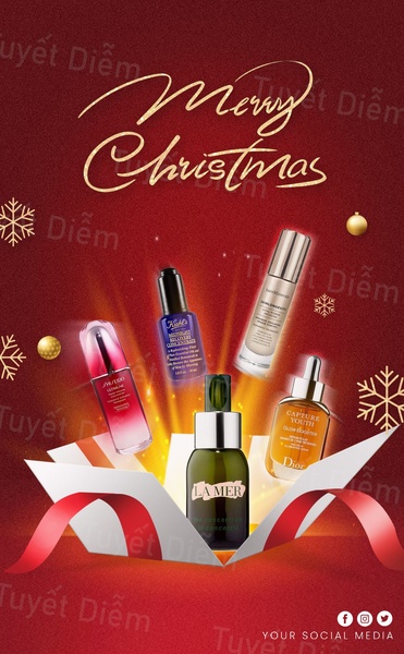 facial serum, face serum, skin serum, anti aging serum, brightening serum, skincare serum, beauty serum, bundle offer, brand awareness, editorial, modern typography, luxurious, warm, red, gold, christmas