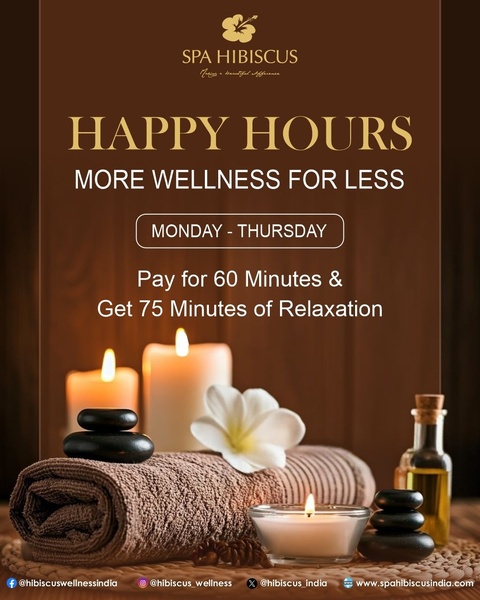 A sophisticated promotional ad for spa services featuring a relaxing aesthetic, clear offer terms, and high-contrast typography.
