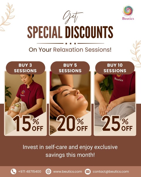 This creative displays three distinct tiers of relaxation session packages with increasing percentage discounts, using a clean, professional aesthetic to encourage upsells.
