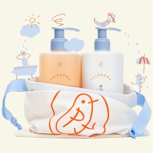 A clean product hero shot featuring two baby lotion bottles framed by playful, hand-drawn character illustrations on a soft cream background.