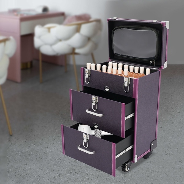 makeup trolley, cosmetic train case, rolling makeup case, beauty storage cart, makeup organizer, product demo, minimalist, lifestyle, calm, trustworthy, purple, neutral