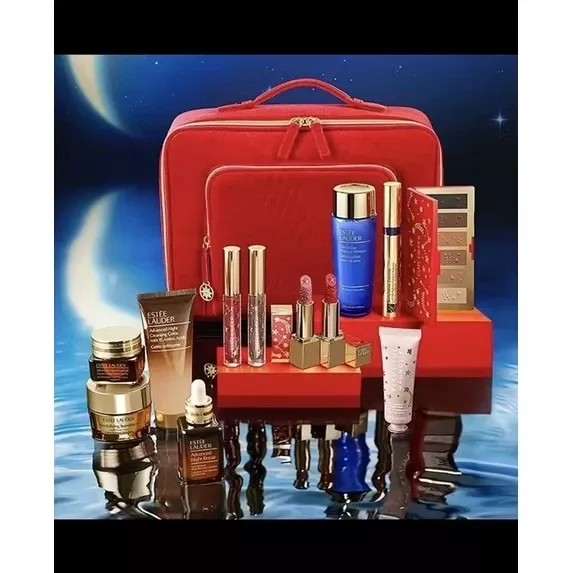 cosmetics gift set, beauty kit, skincare set, makeup collection, gift set, gift guide, minimalist, luxurious, red, blue