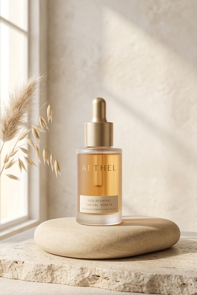 facial serum, face oil, skincare serum, botanical serum, nourishing serum, new arrival, minimalist, editorial, calm, luxurious, neutral, gold