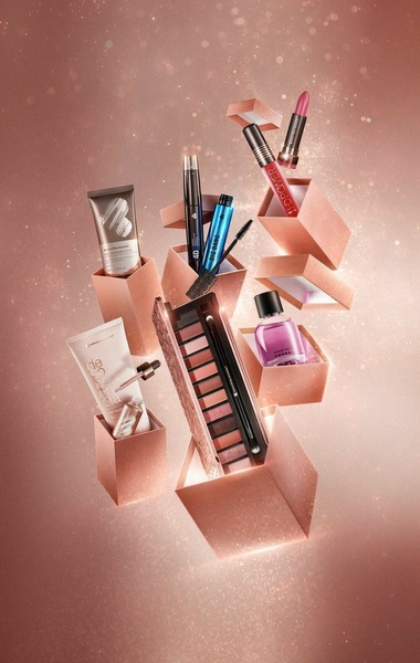 makeup palette, lipstick, mascara, perfume, beauty products, cosmetics, gift guide, minimalist, editorial, luxurious, calm, pink, neutral