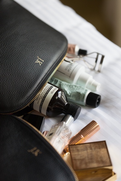 cosmetic bag, toiletry bag, makeup bag, leather pouch, travel case, bestseller push, lifestyle, luxurious, calm, neutral, black