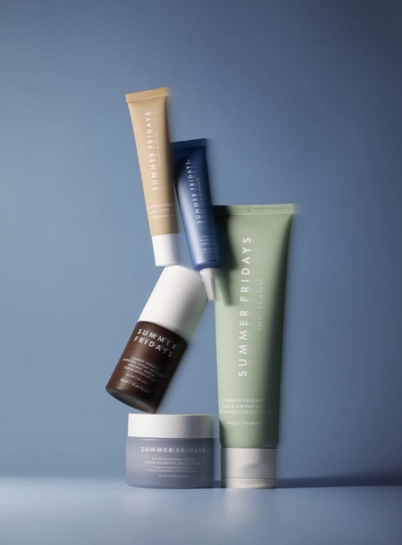 face cream, facial cleanser, skincare serum, lip balm, beauty products, bestseller push, minimalist, calm, trustworthy, blue, neutral