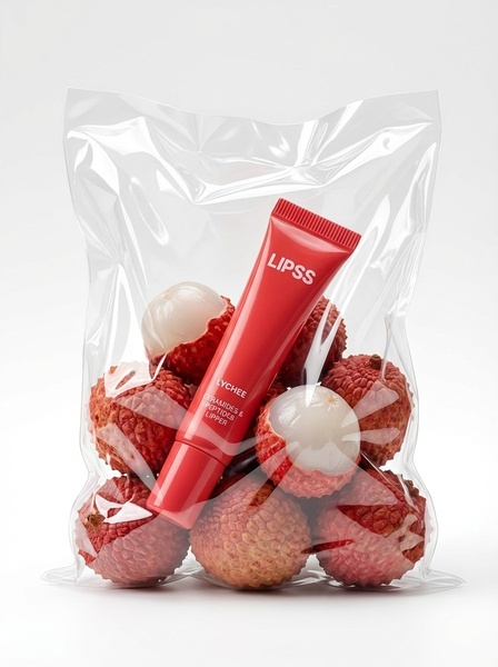 A high-quality product shot featuring a lip balm tube nested inside a transparent bag filled with fresh lychee fruit, emphasizing natural ingredients.