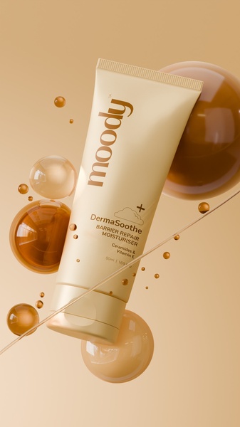 A high-end 9:16 vertical studio shot of a barrier repair moisturiser surrounded by floating liquid orbs and bubbles in a consistent beige color palette.