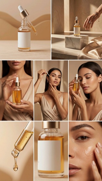 facial serum, face oil, skincare serum, dropper bottle, hydrating oil, product demo, minimalist, editorial, calm, luxurious, neutral, gold