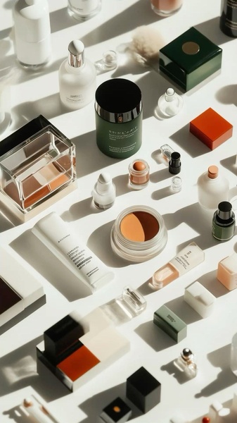 face cream, makeup jars, skincare bottles, serum bottles, foundation pots, bestseller push, flat lay, minimalist, calm, luxurious, neutral, green