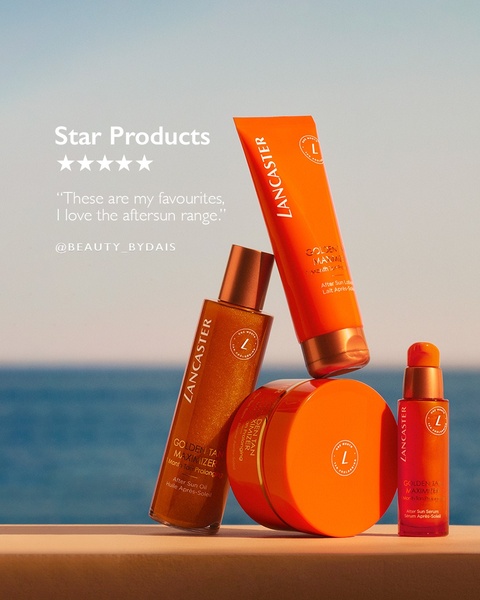 after sun lotion, after sun oil, tan maximizer, sun care products, after sun serum, tanning skincare, social proof, bestseller push, lifestyle, editorial, warm, luxurious, orange, blue, neutral, summer sale