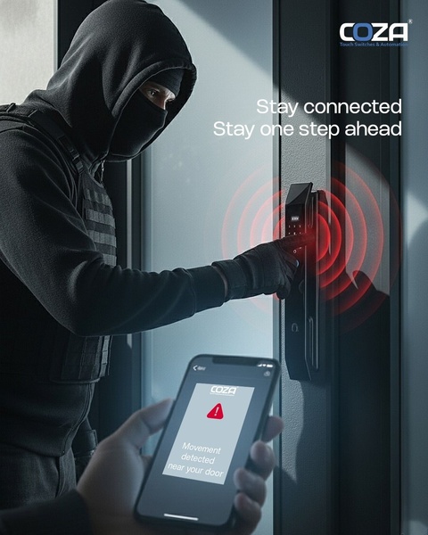 A high-stakes visual showing a smart door lock detecting an intruder in real-time, sending an alert to a smartphone.
