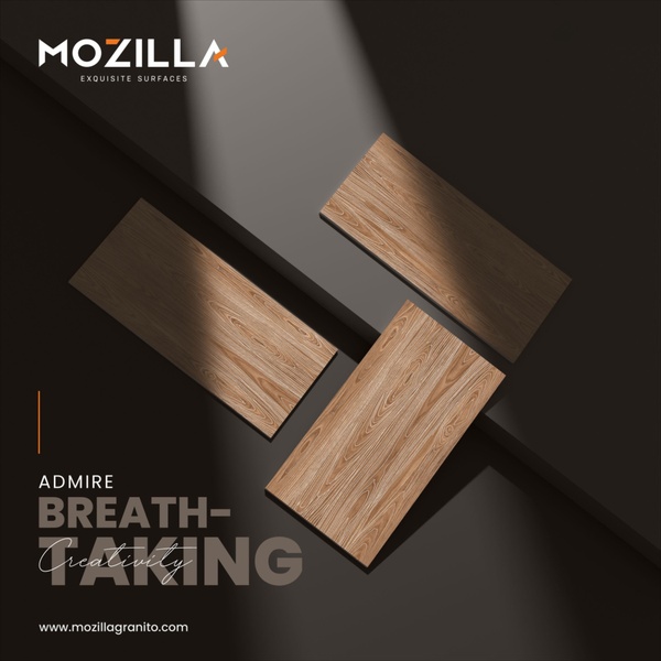 A high-end product presentation showing three wood-pattern granite tiles arranged on a dark, light-streaked surface to emphasize texture.