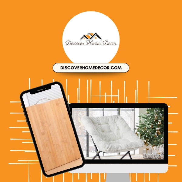 A composite display showing a wooden cutting board on a mobile device screen and a cozy chair on a desktop monitor.
