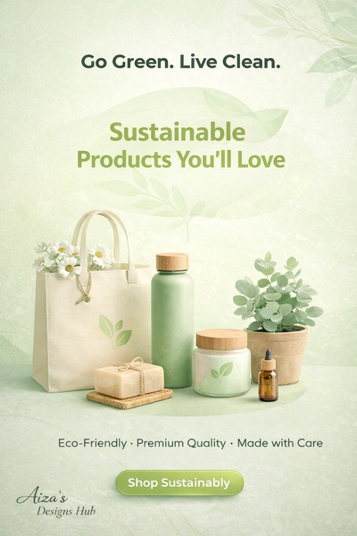 This ad features a clean, soft green-toned product display for sustainable home goods, including a tote bag, water bottle, jar, and plant.