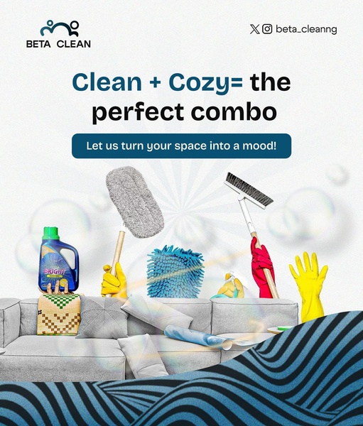 This ad creative uses a high-contrast, stylized graphic with cleaning supplies and cozy home furniture to communicate a transformation of living spaces.