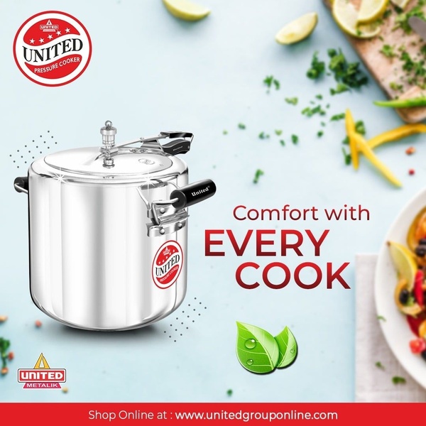 A high-clarity, studio-shot advertisement for a stainless steel pressure cooker, emphasizing ease of use through minimalist layout and warm imagery.
