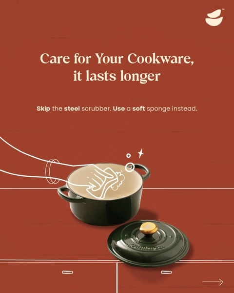 A minimalist instructional ad featuring a line-art illustration of proper Dutch oven maintenance to emphasize product longevity.