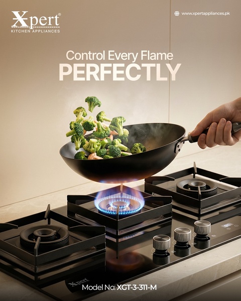 A high-contrast visual ad featuring a gas stove burner with a wok in mid-air, emphasizing flame control and kitchen appliance quality.