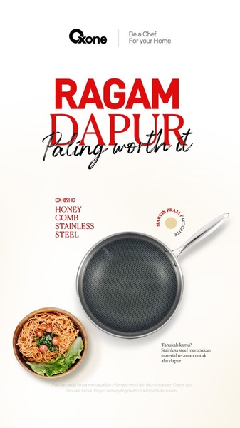 A high-contrast vertical ad featuring a premium stainless steel frying pan next to a finished meal, emphasizing material quality and professional endorsements.