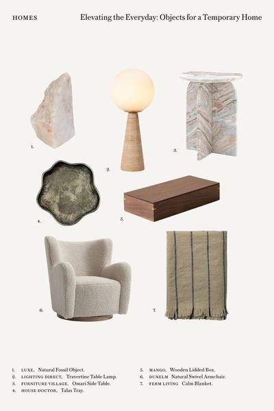 A clean, minimalist 2:3 vertical ad creative showcasing seven curated home decor objects in a numbered grid layout.