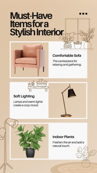 A minimalist, list-style ad creative showcasing three essential home decor items: a sofa, a lamp, and indoor plants, framed in a warm, clean aesthetic.