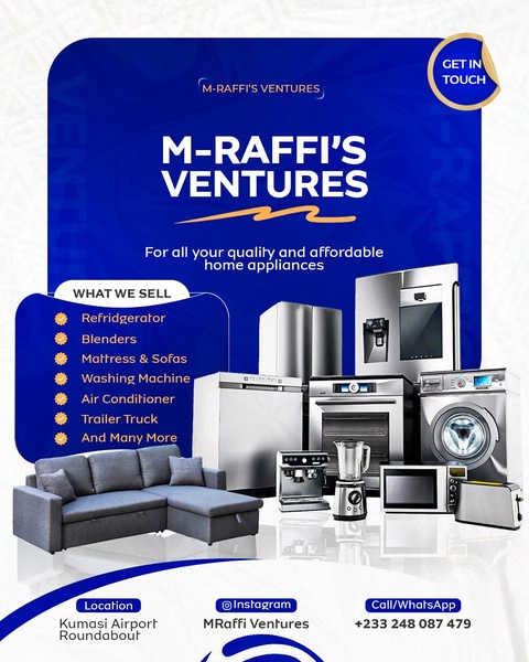 A clean, blue-themed catalog showcasing a range of home appliances including refrigerators, washing machines, and furniture.